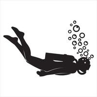 Silhouette of a diver ascending with bubbles in clear water vector