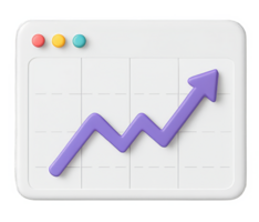 Purple upward-pointing arrow rising on white statistics chart, colorful buttons highlighting positive business growth and analytical success metrics png