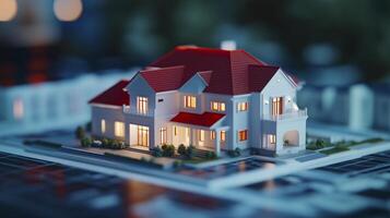 Model houses on architectural blueprints photo