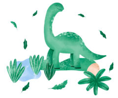 Jurrasic period poster with green dinosaur and jungle. Watercolor png