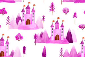 Dream pink fantasy old castle seamless pattern. Endless background with princess castle on isolated background png