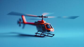 A small red helicopter flying in the air photo