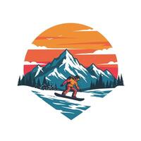 Logo design of a snowboarder riding down a mountain at sunset vector