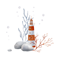 Watercolor Lighthouse on a rock with seashell and air bubbles. Illustration of Beacon in pastel colors. Drawing of Light house for Baby shower design in nautical style. For childish Marine poster. png