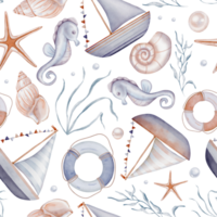 Blue beige sea seamless pattern with Seashell and Pearls and fishes on isolated background. Hand drawn vintage watercolor ornament with Seaweed and stars for print in nautical style. png