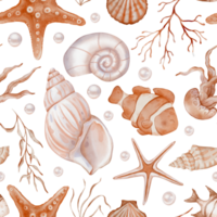 Orange beige sea seamless pattern with Seashell and Pearls and fishes on isolated background. Hand drawn vintage watercolor ornament with Seaweed and stars for print in nautical style. png