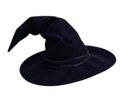 Classic pointed black witch hat with curved tip and wide brim isolated on transparent background png