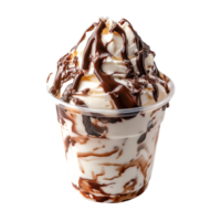 Vanilla soft serve ice cream in plastic cup with rich chocolate syrup swirl isolated on transparent background png