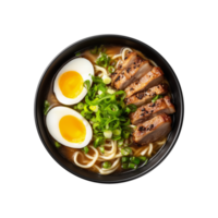 Japanese ramen bowl with chashu pork and soft-boiled eggs isolated on transparent background png