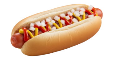 Classic hot dog with ketchup, mustard and chopped onions on transparent background png