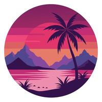 Purple tropical sunset beach with palm tree and mountain background design vector