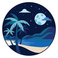 Flat moonlit beach with palm trees and ocean in tropical night scenery vector