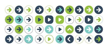 Arrow and play icon set in flat colorful style, directional navigation symbols for web, media, and user interface design. vector