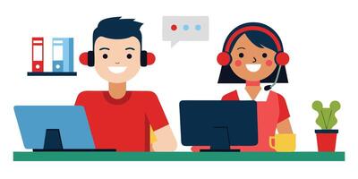 Flat illustration of office workers with headset and computer vector