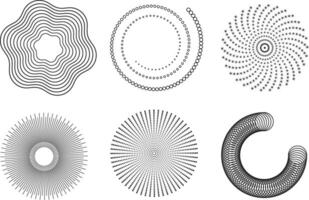 Set of abstract radial circular shape graphics with spiral, dot, and halftone line art in modern style vector