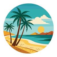 Summer tropical beach with palm tree silhouette and island sunset art vector