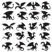 Dragon Silhouettes in Various Poses, Mythical and Fantasy Creatures Collection vector