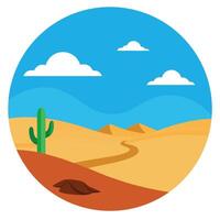 Flat desert scene with sand dunes, cactus and blue sky in circular design vector