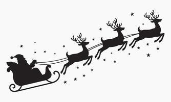 Santa in Sleigh with Reindeer Flying Through Night Sky, Christmas Silhouette vector