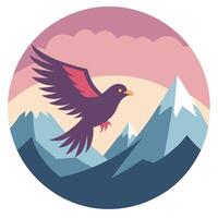 Minimal flat bird flying over snowy mountains in circular scenic background vector