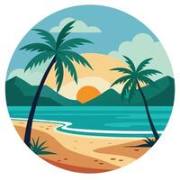 Sunrise tropical beach with palm trees ocean and mountain background design vector