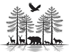 Wildlife Animals with Bear, Deer, Fox, and Eagle Silhouette in Forest with Reflection, Nature Scene vector