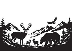 Wildlife in Mountain Landscape with Deer, Bear, Eagle, and Pine Trees, Nature Scene vector