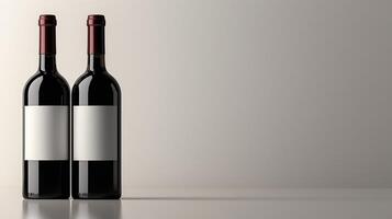 Red wine bottles with blank labels on gray minimalist background, with copy space photo