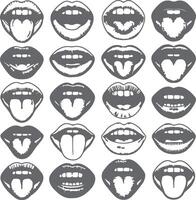 Gray Scale Collection of Twenty Diverse Mouth Silhouettes Showing Teeth Tongues and Open Lips in Various Expressions vector