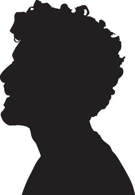 Black silhouette of a man with curly hair and a beard profile head