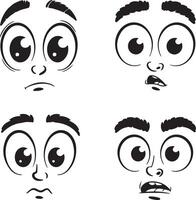 Four Cartoon Faces Showing Different Emotions Sad Surprised Worried and Scared Black and White Silhouette Illustrations vector