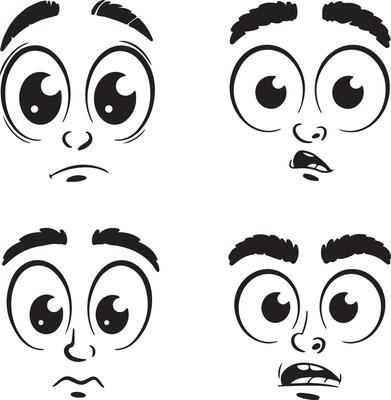 Four Cartoon Faces Showing Different Emotions Sad Surprised Worried and Scared Black and White Silhouette Illustrations