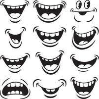 Twelve Black and White Cartoon Mouth Silhouettes Displaying Diverse Open Expressions Including Happy Smiling Wide Open and Grinning Mouths vector
