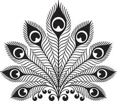 Intricate black peacock feather silhouette with swirling decorative elements black and white vector