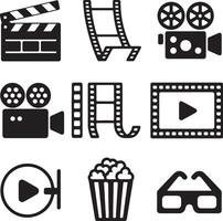 Nine Black Silhouette Icons Depicting Movie Filmmaking and Viewing Elements Including Clapperboard Film Reel Camera Popcorn and 3 D Glasses vector