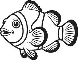 Black and White Cartoon Silhouette of a Clownfish with Large Eyes and Open Mouth Swimming Sideways vector