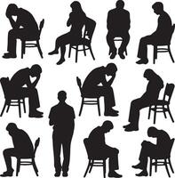Collection of Black Silhouettes Depicting People Sitting on Chairs in Various Poses of Thoughtfulness and Contemplation vector