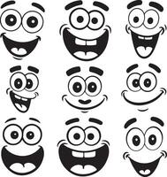 Black and white cartoon faces with expressive eyes and wide smiles expressions happy vector