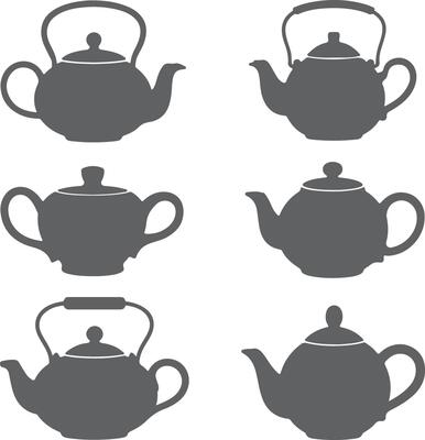 Six Gray Teapot Silhouettes Different Styles and Shapes Simple Kitchenware Icons Illustration