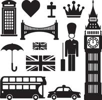 Black Silhouette Icons Collection of London Landmarks British Culture Symbols including Big Ben Tower Bridge Union Jack Flag Double Decker Bus vector