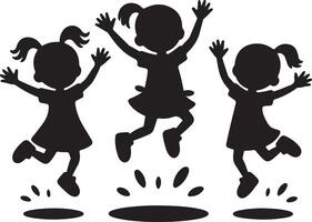 Three Black Silhouettes of Girls Joyfully Jumping with Upraised Arms and Pigtails Against a White Background vector