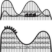 Two Black Silhouette Roller Coasters One Showing Passengers Riding the Track Detailed Steel Structure Design Amusement Park Ride Illustration vector