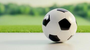 Classic soccer ball placed on clean white surface with blurred green grass field in background photo