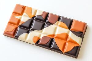 Segmented chocolate bar featuring marbled design of milk chocolate, dark and white chocolate photo