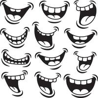 Twelve Black and White Cartoon Mouth Silhouettes Displaying Various Expressions Open Wide Grinning Smiling and Showing Teeth vector