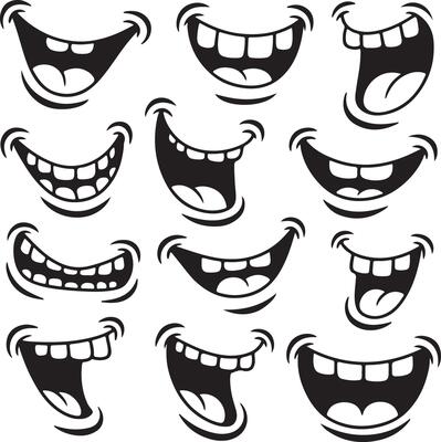Twelve Black and White Cartoon Mouth Silhouettes Displaying Various Expressions Open Wide Grinning Smiling and Showing Teeth