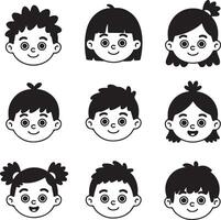 Nine Black and White Childrens Faces Simple Cartoon Style Silhouettes Happy Expressions Diverse Hair Styles vector