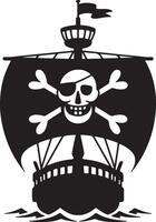 Black and White Silhouette of a Pirate Ship Sailing on the Ocean with a Jolly Roger Skull and Crossbones Flag vector