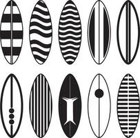 Collection of Twelve Black and White Surfboard Silhouette Designs with Geometric Patterns Stripes Waves and Minimalist Shapes vector