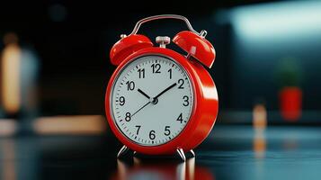 Classic red alarm clock standing on dark surface, indicating specific time photo